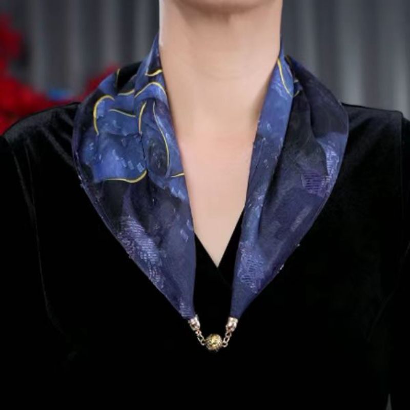 Fashion Thread Section Magnetic Buckle-blue Peony Polyester Printed Magnetic Button Scarf