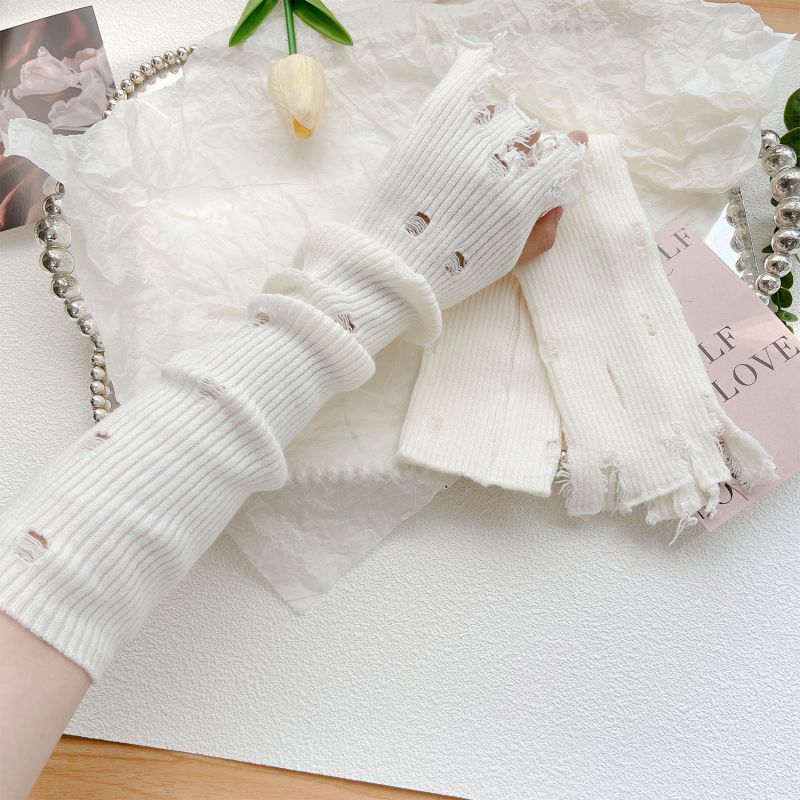 Fashion White Hole Solid Color Knitted Ripped Arm Fingerless Gloves