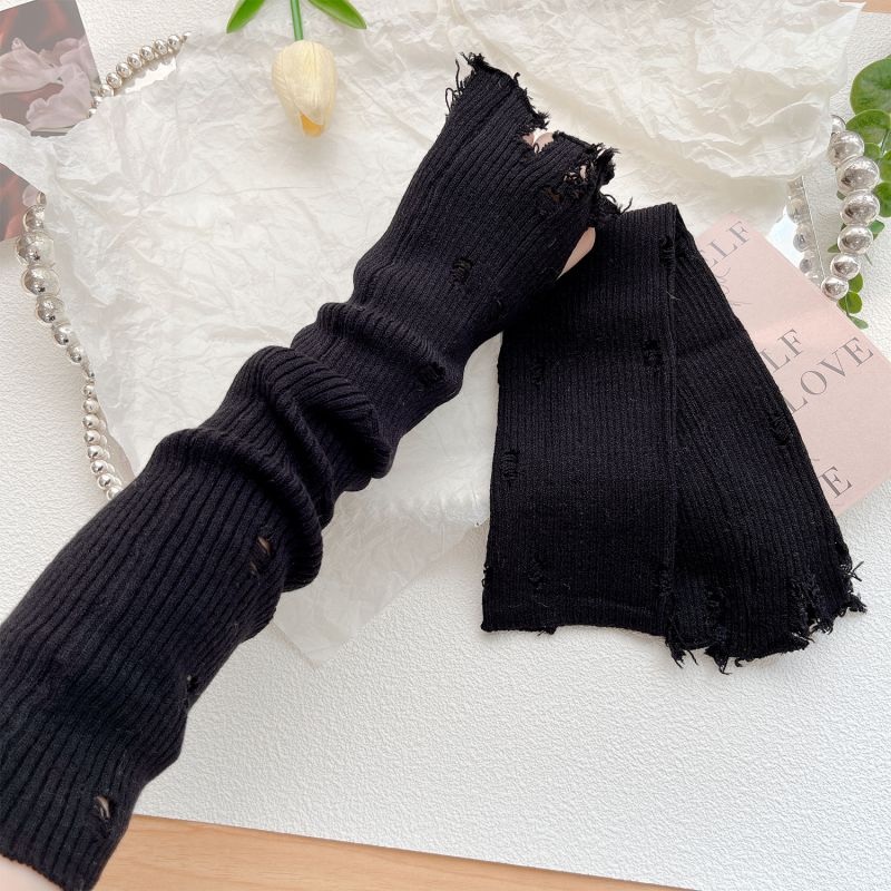 Fashion Black Hole Solid Color Knitted Ripped Arm Fingerless Gloves