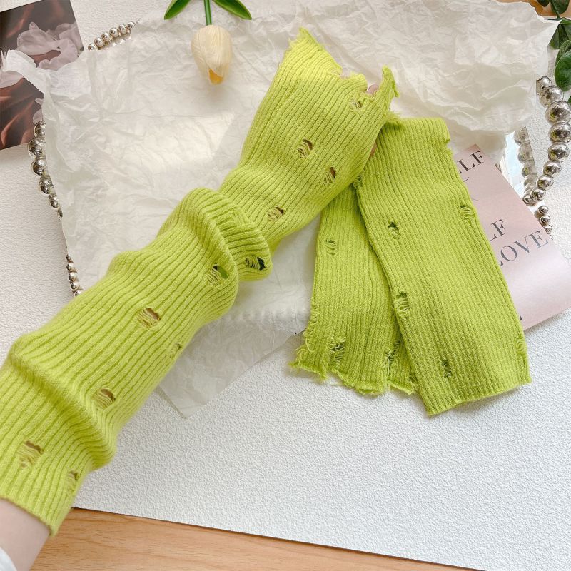 Fashion Mustard Green Holes Solid Color Knitted Ripped Arm Fingerless Gloves