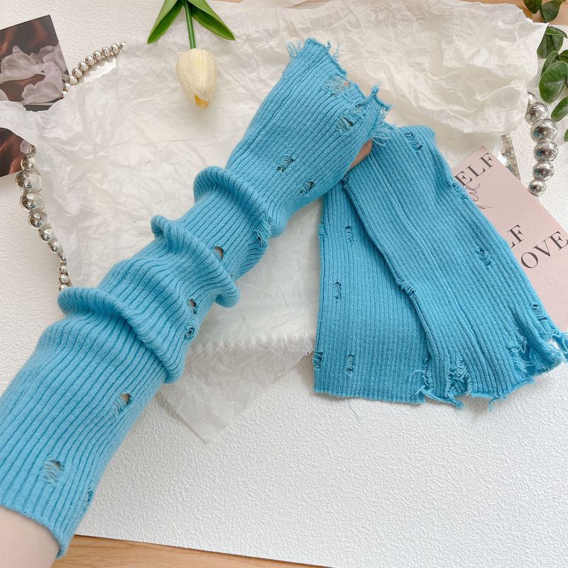 Fashion Blue Hole Solid Color Knitted Ripped Arm Fingerless Gloves