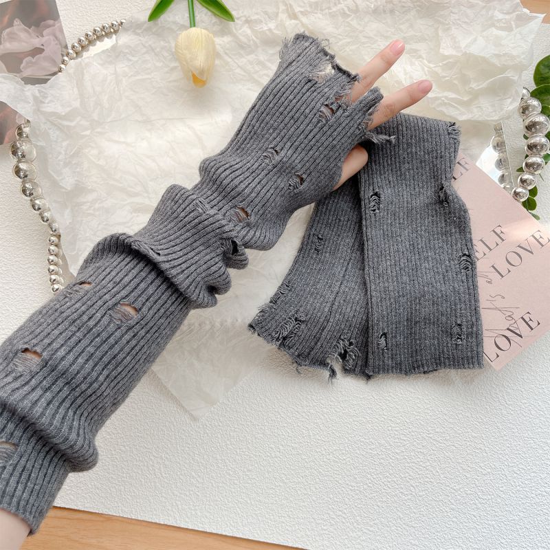 Fashion Dark Gray Holes Solid Color Knitted Ripped Arm Fingerless Gloves