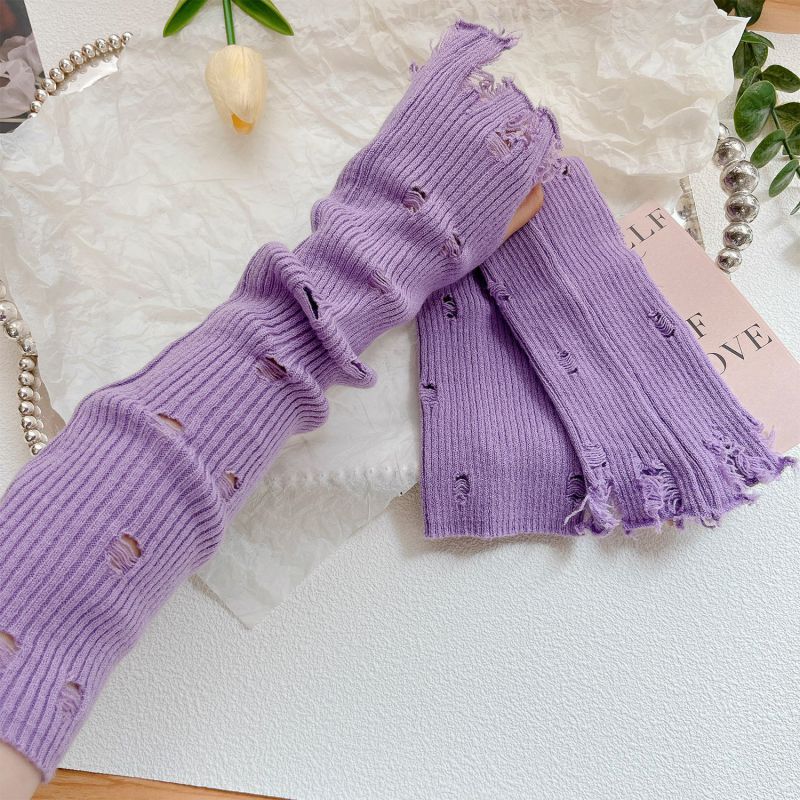Fashion Purple Hole Solid Color Knitted Ripped Arm Fingerless Gloves