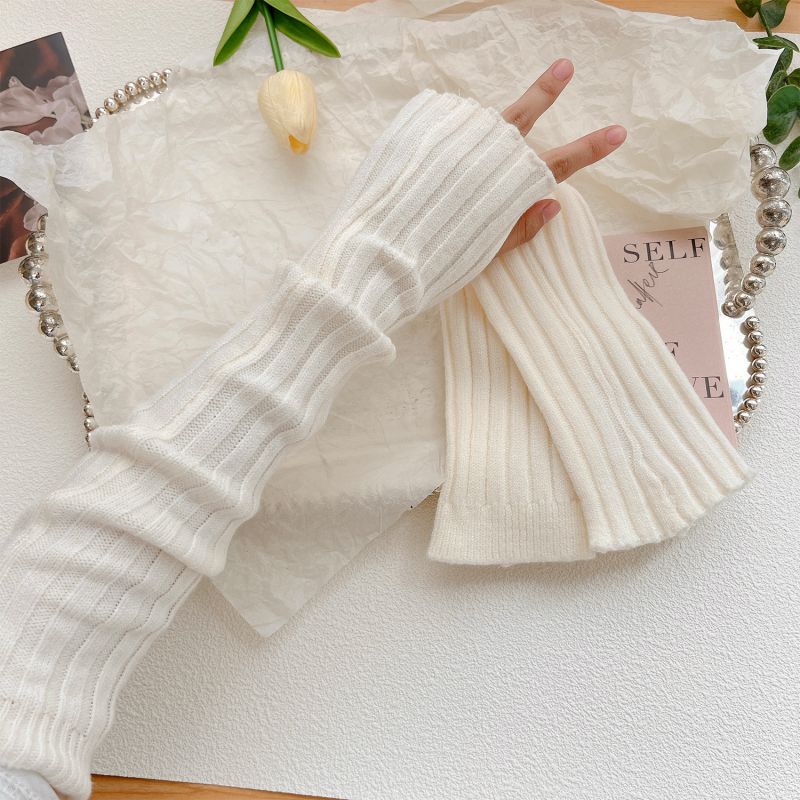 Fashion Rice White Bare Fingers Solid Color Knitted Long Sleeve Arm Guard Fingerless Gloves