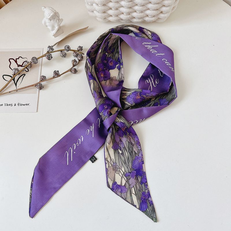 Fashion Purple Background Flowers Simulated Silk Printed Ribbon Scarf