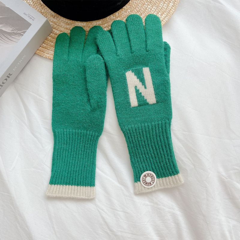 Fashion Green N Mark Acrylic Knitted Letter Embroidered Color Block Five Finger Gloves