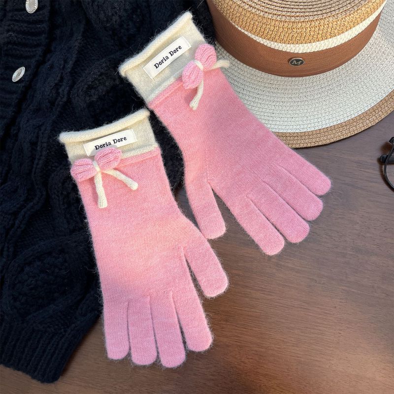 Fashion Pink Bow Polyester Bow Patch Five-finger Gloves