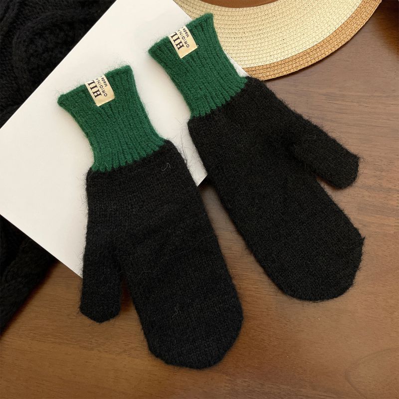 Fashion Black Color Block Mittens Acrylic Knitted Color Block All-inclusive Gloves
