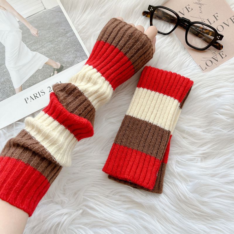 Fashion Red Coffee Color Block Stripes Long Color Block Striped Fingerless Gloves