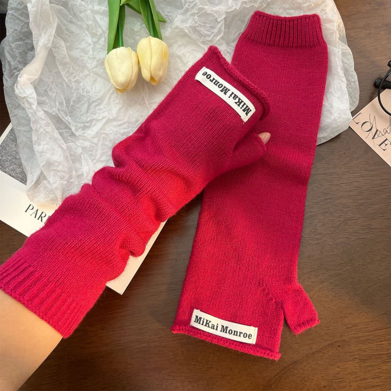 Fashion Rose Red Lengthened Half Finger Solid Color Knitted Patch Half Finger Gloves