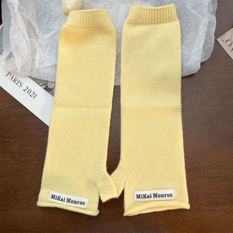Fashion Yellow Extended Half Finger Solid Color Knitted Patch Half Finger Gloves
