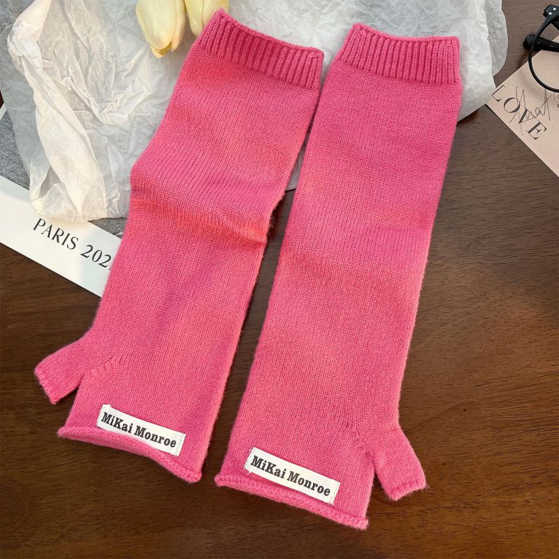 Fashion Pink Extended Half Finger Solid Color Knitted Patch Half Finger Gloves