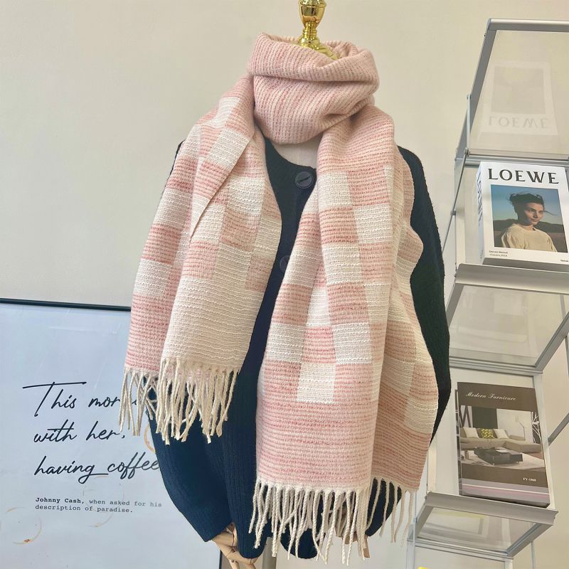 Fashion Pink Checkerboard Acrylic Check Knit Fringed Scarf