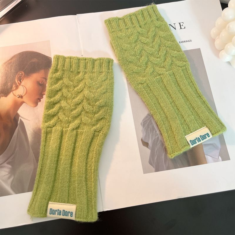 Fashion Mustard Green Fish Tail Solid Color Wool Knitted Half Finger Gloves