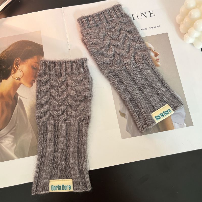 Fashion Gray Coffee Fish Tail Solid Color Wool Knitted Half Finger Gloves