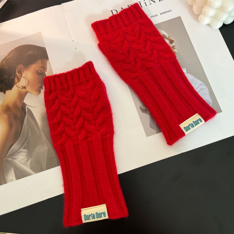 Fashion Red Fish Tail Solid Color Wool Knitted Half Finger Gloves