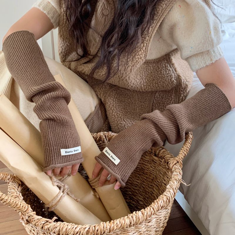 Fashion Light Coffee Roll Wool Knit Patch Long Sleeve Fingerless Gloves