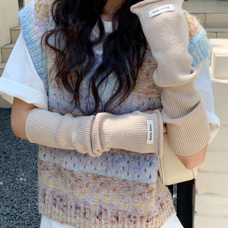 Fashion Beige Curled Mouth Wool Knit Patch Long Sleeve Fingerless Gloves
