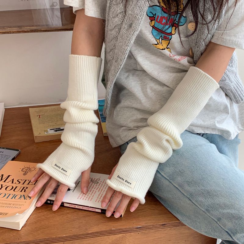 Fashion Off-white Roll Mouth Wool Knit Patch Long Sleeve Fingerless Gloves