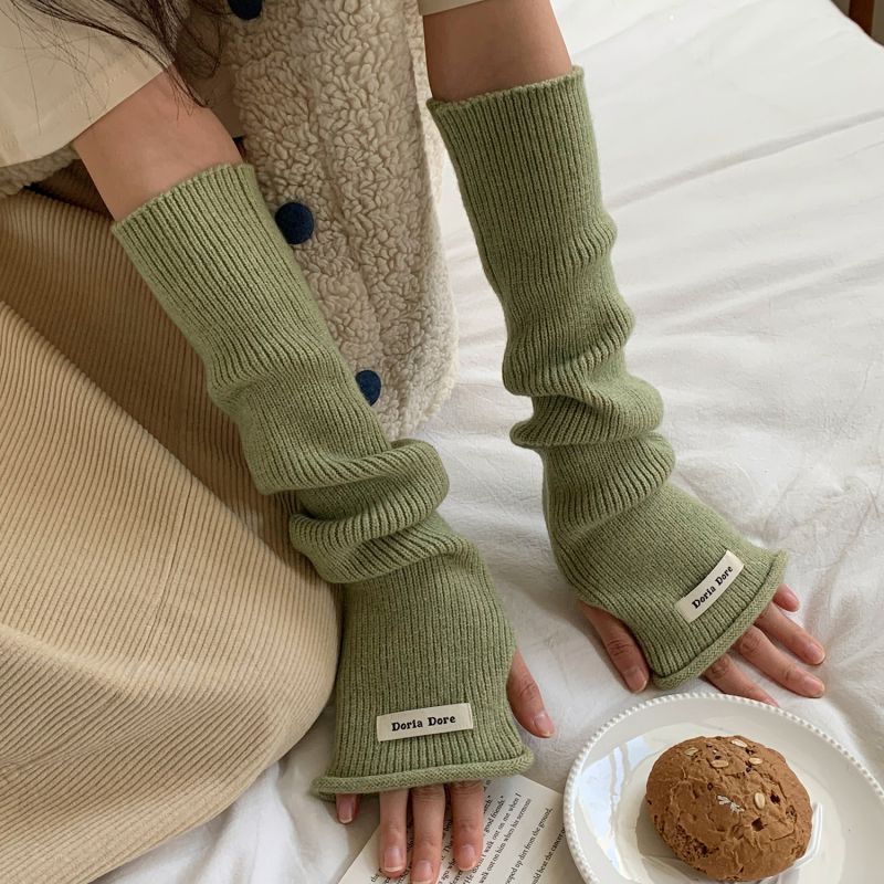 Fashion Green Rolled Mouth Wool Knit Patch Long Sleeve Fingerless Gloves