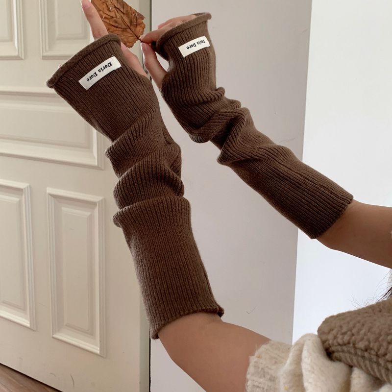 Fashion Brown Curled Mouth Wool Knit Patch Long Sleeve Fingerless Gloves