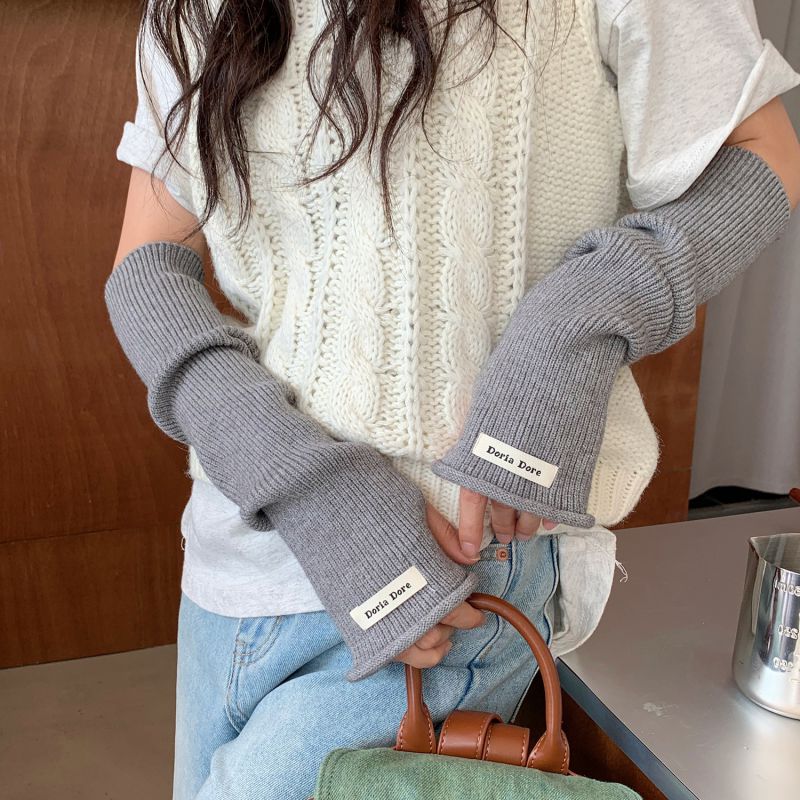 Fashion Gray Rolled Mouth Wool Knit Patch Long Sleeve Fingerless Gloves