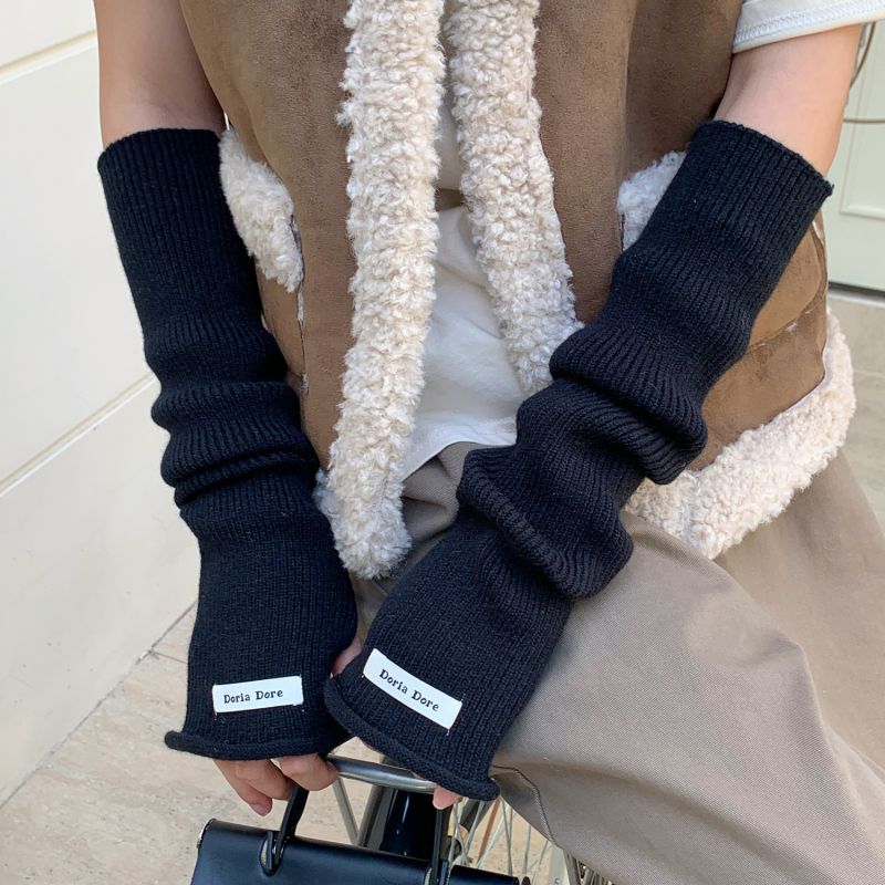 Fashion Black Rolled Mouth Wool Knit Patch Long Sleeve Fingerless Gloves