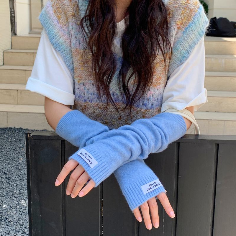 Fashion Blue Hello Logo Lengthened Wool Knit Patch Long Sleeve Fingerless Gloves