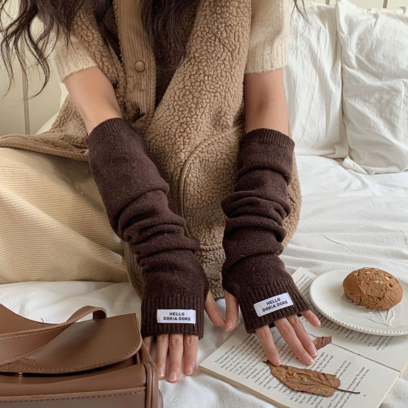 Fashion Brown Hello Logo Lengthened Wool Knit Patch Long Sleeve Fingerless Gloves
