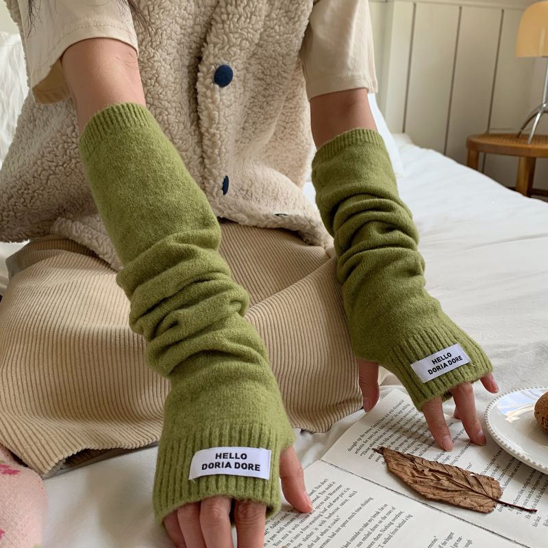 Fashion Yellow And Green Hello Logo Lengthened Wool Knit Patch Long Sleeve Fingerless Gloves