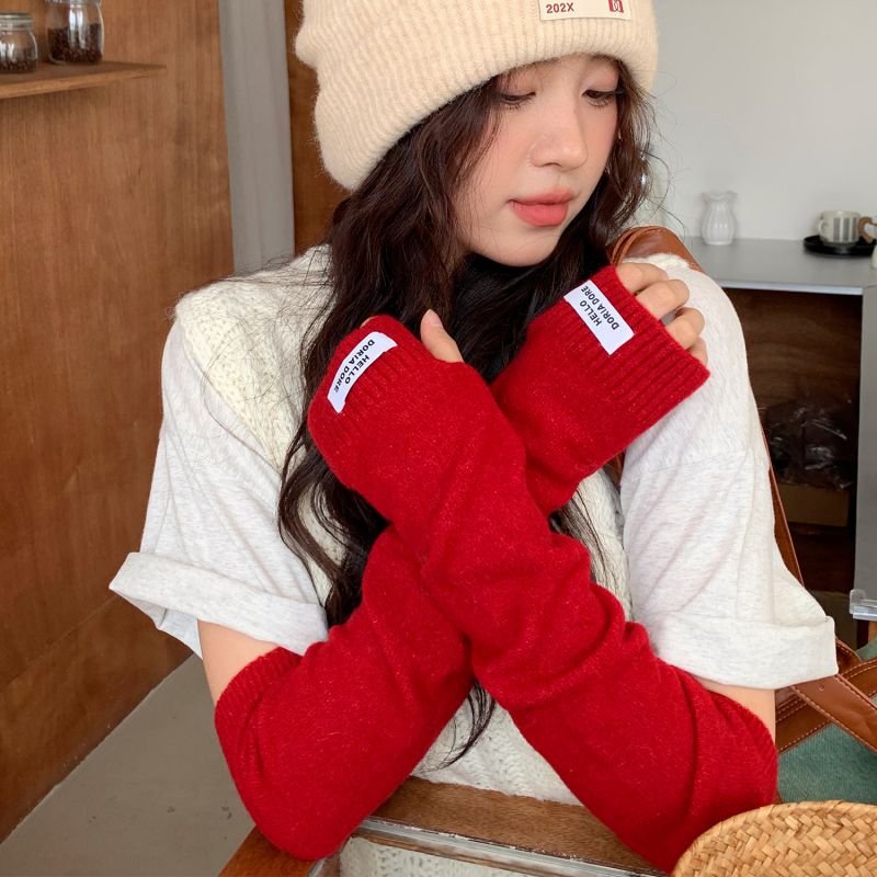 Fashion Red Hello Logo Lengthened Wool Knit Patch Long Sleeve Fingerless Gloves