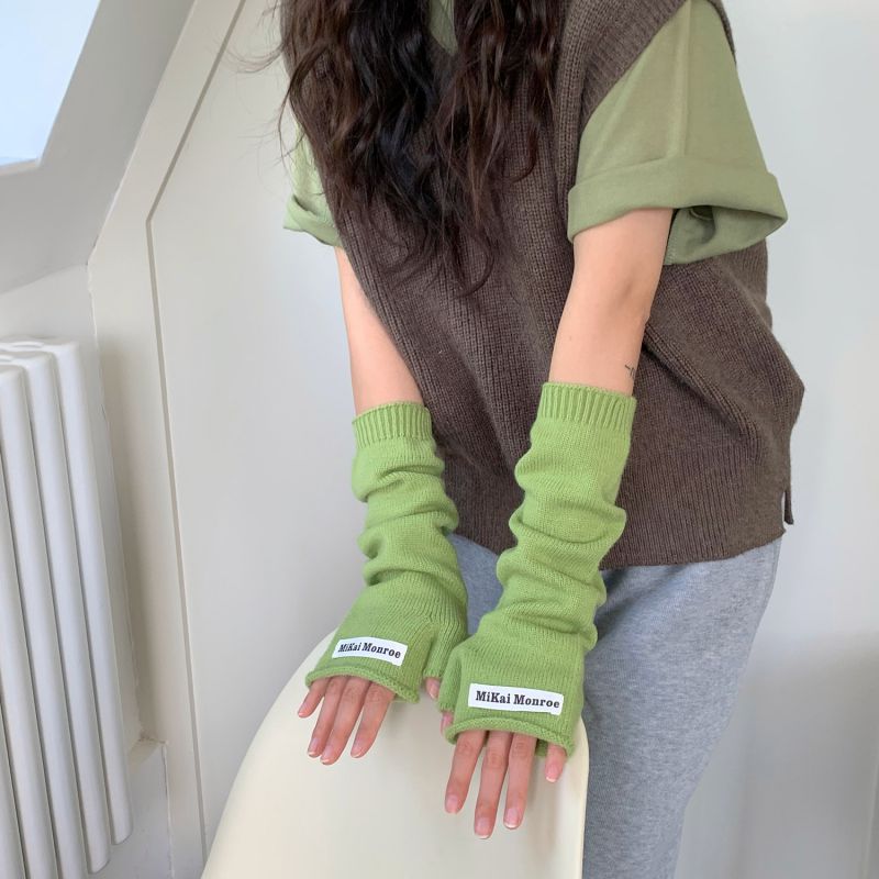 Fashion Green Extended Half Finger Wool Knit Patch Long Sleeve Fingerless Gloves