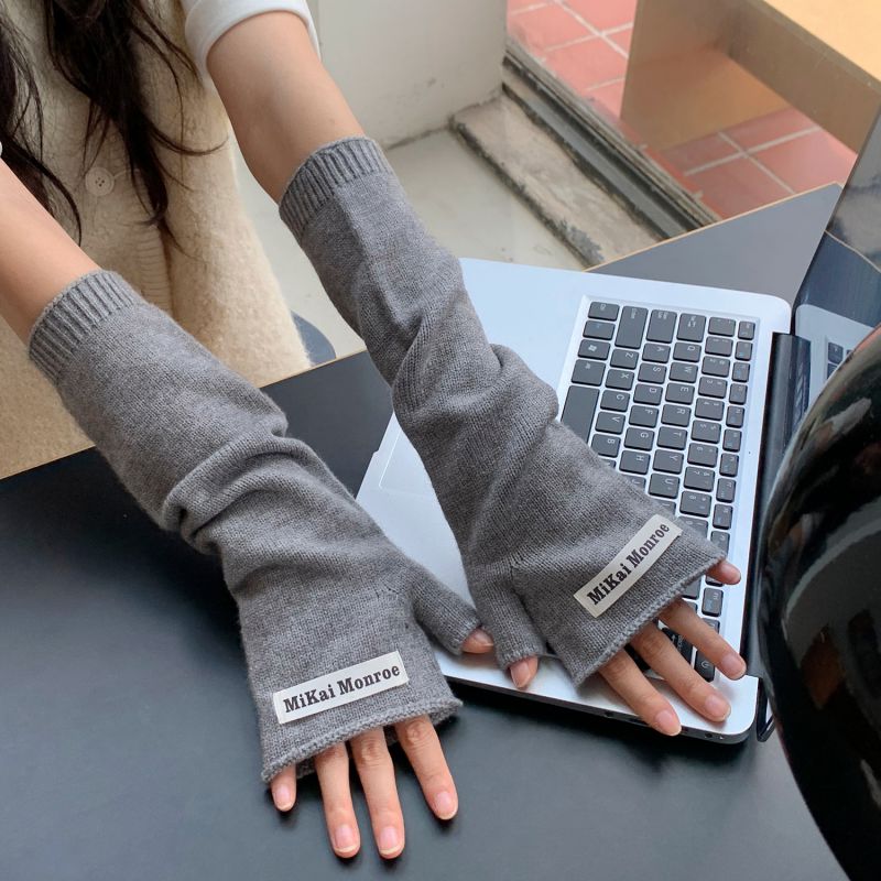 Fashion Gray Extended Half Finger Wool Knit Patch Long Sleeve Fingerless Gloves