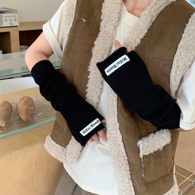 Fashion Black Extended Half Finger Wool Knit Patch Long Sleeve Fingerless Gloves