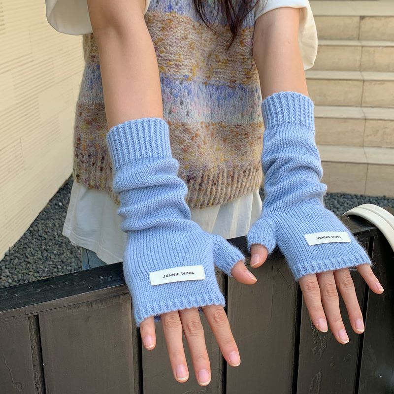 Fashion Light Blue Extended Wristband Wool Knitted Patch Cover Fingerless Gloves