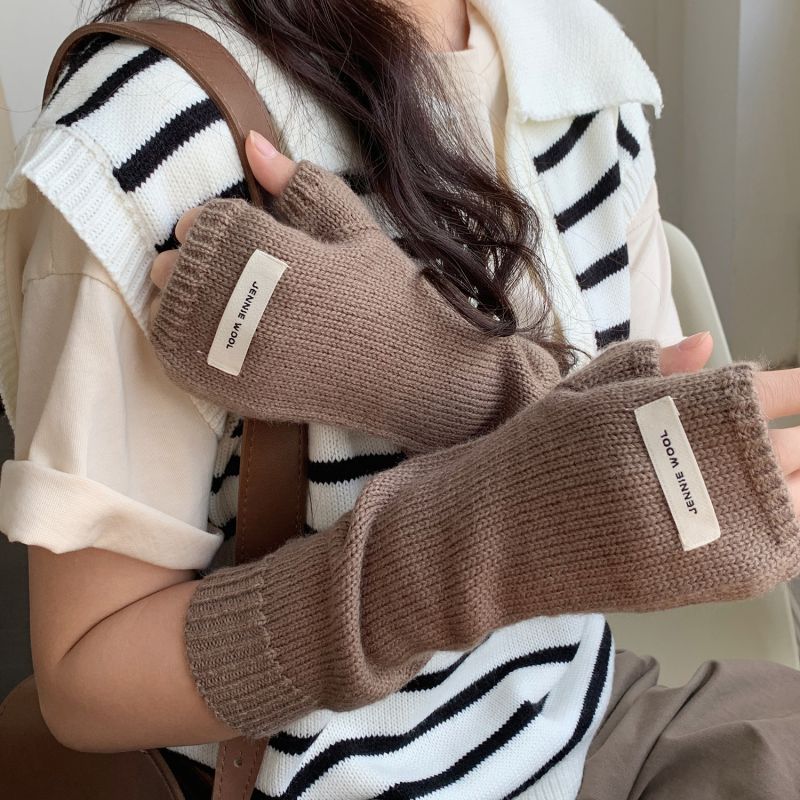 Fashion Light Brown Extended Wristband Wool Knitted Patch Cover Fingerless Gloves