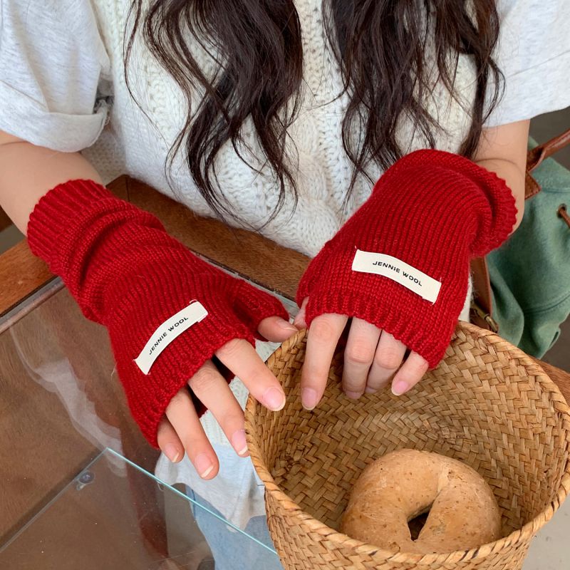 Fashion Red Extended Wristband Wool Knitted Patch Cover Fingerless Gloves