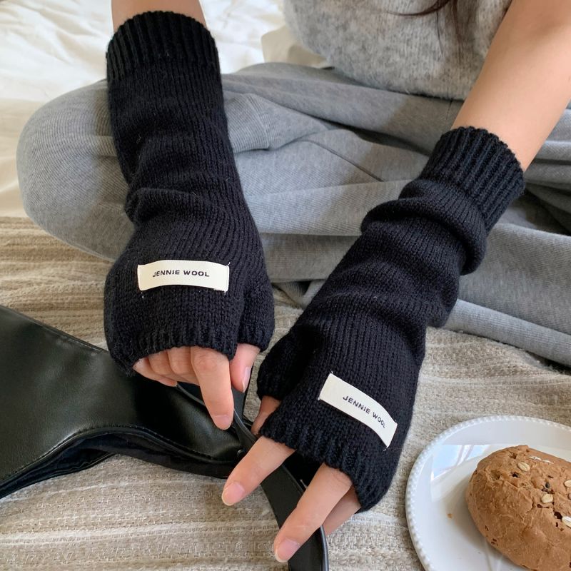Fashion Black Extended Wristband Wool Knitted Patch Cover Fingerless Gloves