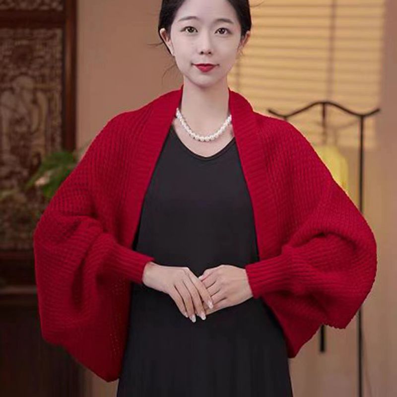 Fashion Rose Red Comes With Pearl Buckle Polyester Dolman Sleeve Knitted Shawl