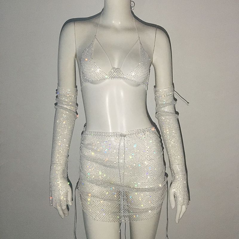 Fashion White Fishnet Rhinestone Halterneck Suspender Skirt Arm Sleeve Three-piece Set