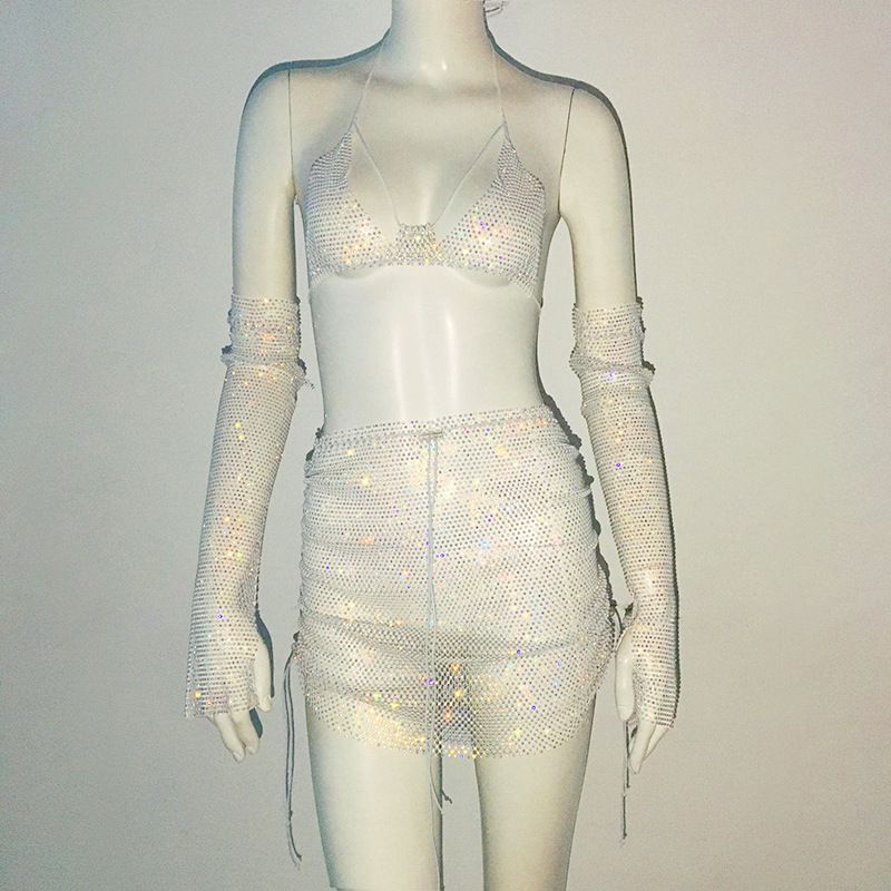 Fashion White Ab Diamond Fishnet Rhinestone Halterneck Suspender Skirt Arm Sleeve Three-piece Set