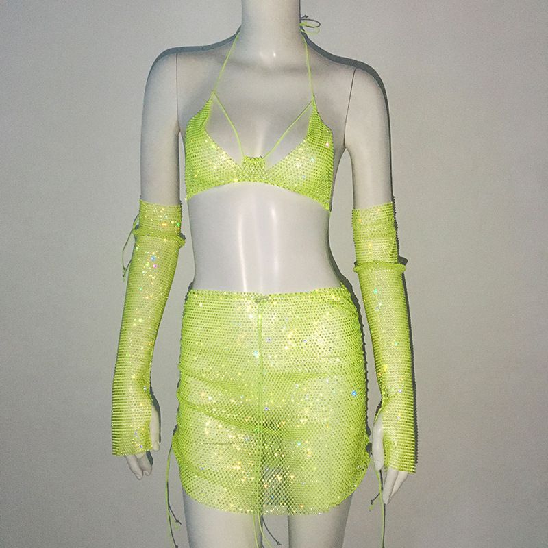 Fashion Fluorescent Green Fishnet Rhinestone Halterneck Suspender Skirt Arm Sleeve Three-piece Set