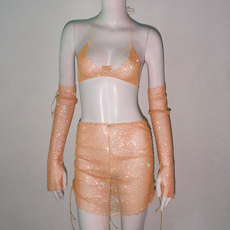 Fashion Color Fishnet Rhinestone Halterneck Suspender Skirt Arm Sleeve Three-piece Set
