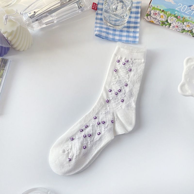 Fashion Medium Tube Purple Floral Flowers Cotton Floral Lace Mid-calf Socks