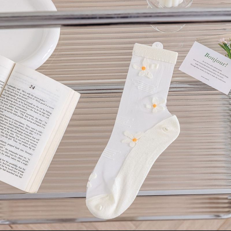 Fashion 【custard White Flower】【1 Pair】 Cotton Lace Mid-calf Socks
