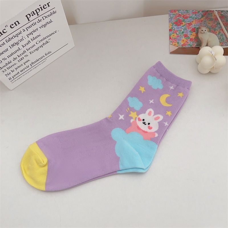 Fashion Purple Rabbit Cotton Printed Color Block Mid-calf Socks