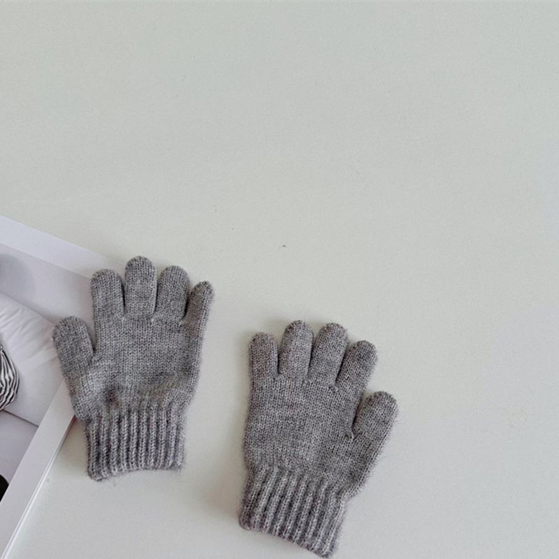 Fashion Grey Wool Knitted Children's Five-finger Gloves