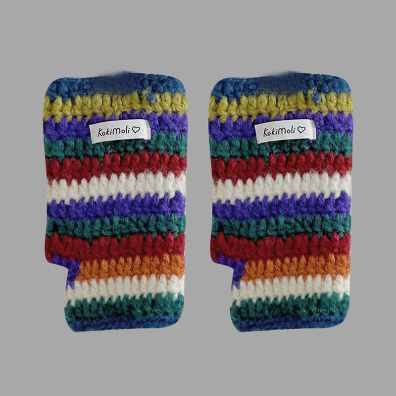 Fashion Rainbow Gloves Rainbow Striped Knit Patch Half Finger Gloves