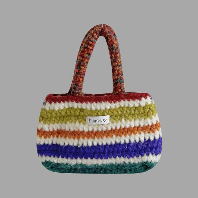 Fashion Rainbow Bag Rainbow Striped Knit Patch Tote Bag