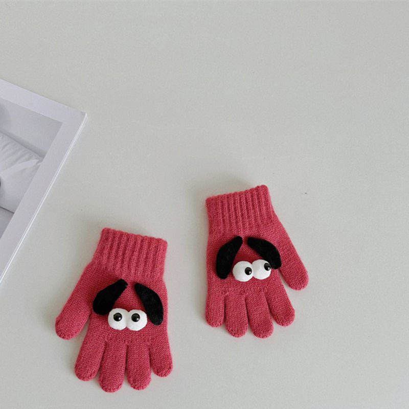 Fashion Carmine Wool Knitted Cartoon Puppy Children's Five-finger Gloves